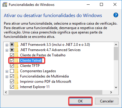 ativar ou desativar funcionalidades do windows cliente telnet